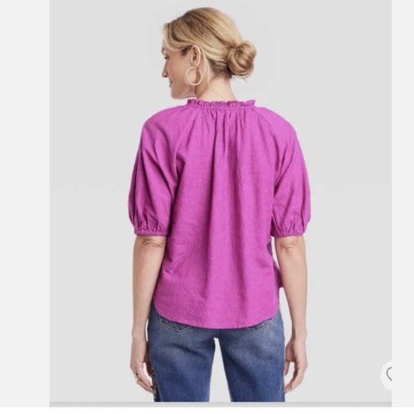 NWT Knox Rose Top Size XS Purple Frills V Neck Cinched Elbow Length Puff Sleeve - Picture 3 of 5